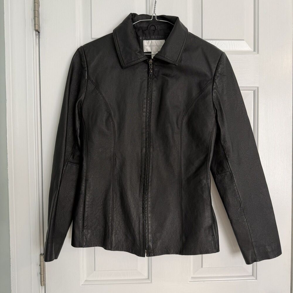 Worthington Y2K Black Genuine Leather Collared Zip Front Jacket Womens Small
